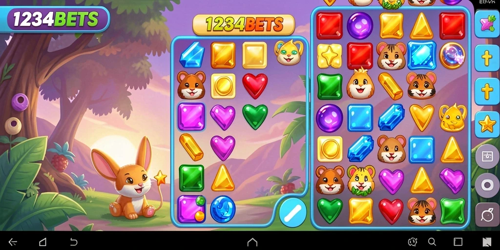 Screenshot menunjukkan gameplay seru dari 1234BETS saat menggabungkan elemen Match-3.