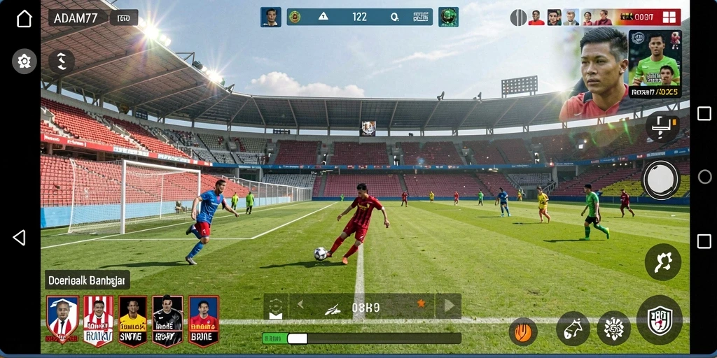 Screenshot utama dari gameplay ADAM77 menampilkan aksi seru di lapangan sepak bola.