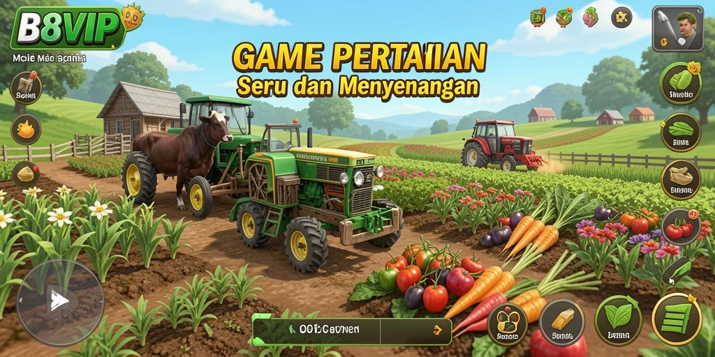 Tampilan gameplay B8VIP menunjukkan aktivitas bertani yang seru dan mendetail.