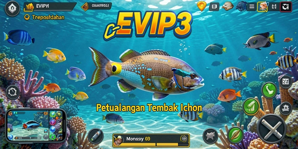 Screenshot gameplay EVIP3 dengan aksi tembak ikan yang seru.