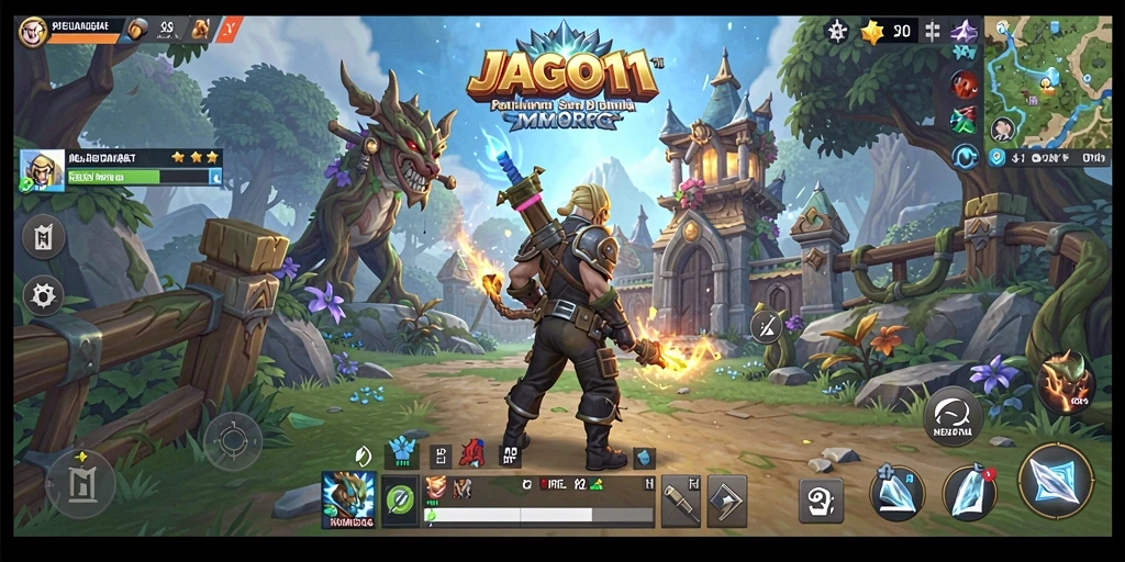 Screenshot utama JAGO11 menampilkan aksi pertempuran seru di dunia MMORPG.