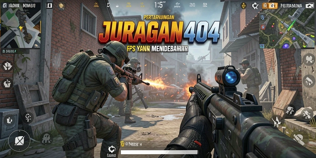 Screenshot utama menunjukkan aksi seru dalam permainan FPS JURAGAN404.