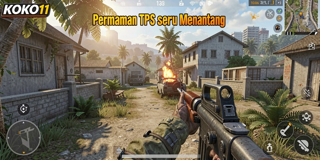 Screenshot gameplay KOKO11 menampilkan aksi tembak-menembak yang mendebarkan.