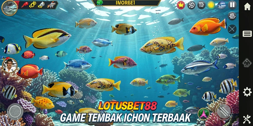 Screenshot gameplay LOTUSBET88 yang menampilkan aksi menembak ikan yang seru.
