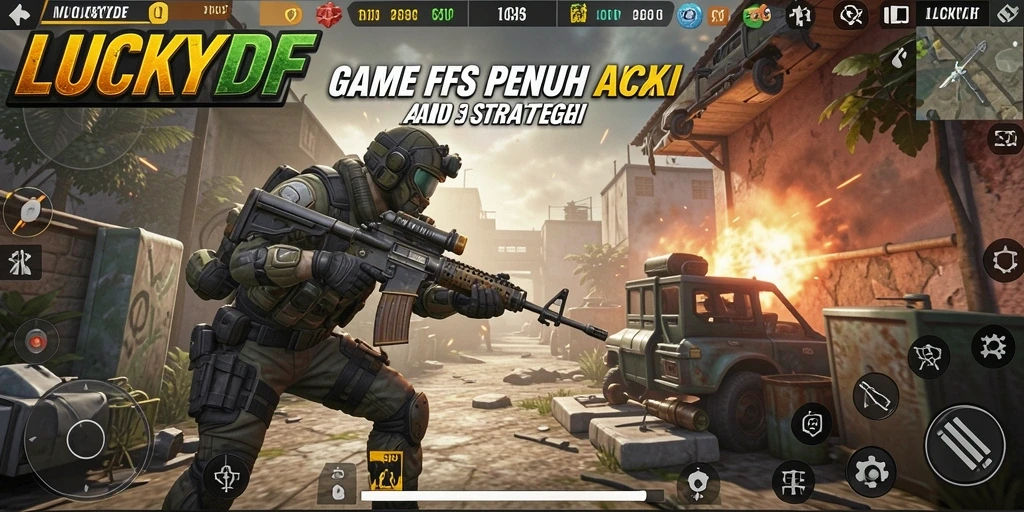 Screenshot menampilkan aksi mendebarkan gameplay LUCKYDF di medan perang.