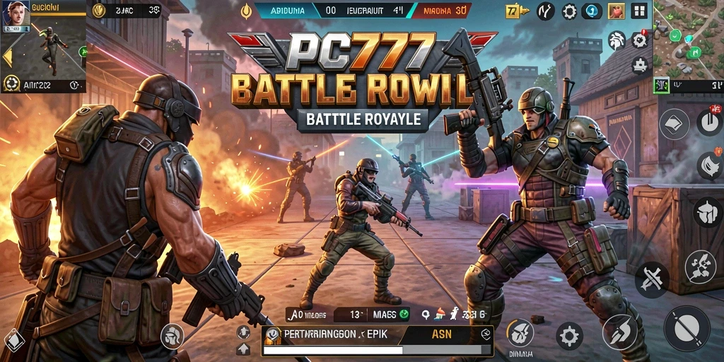 Screenshot utama PC777 menampilkan pemain dalam aksi Battle Royale yang mendebarkan.