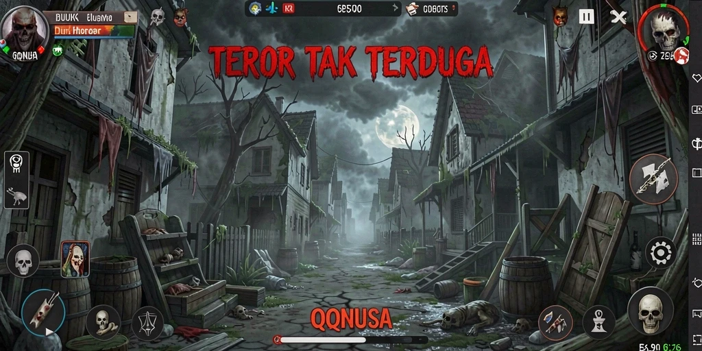 Screenshot gameplay QQNUSA menampilkan suasana Horror yang mencekam.
