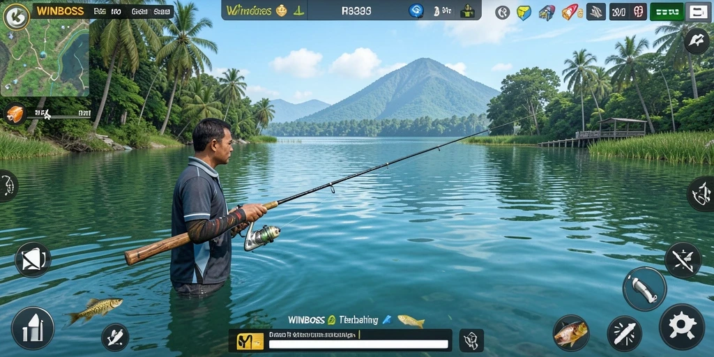 Gameplay WINBOSS menampilkan aksi memancing yang seru dan interaktif.