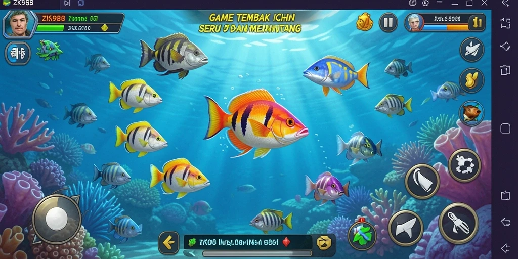 Screenshot gameplay ZK988 yang menunjukkan ikan berwarna-warni dan suasana menegangkan.